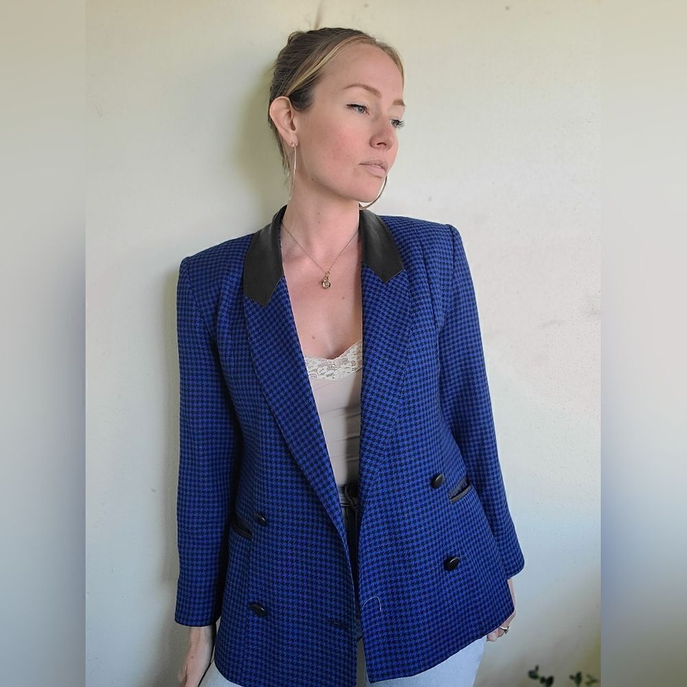 Sebastian Wool + Leather Vintage Houndstooth Blazer S-M - Picture 9 of 15